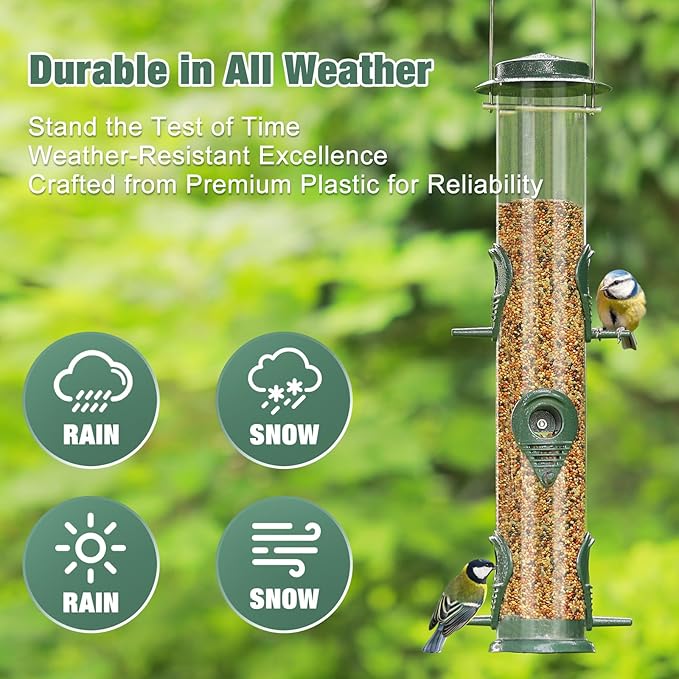 ERYTLLY Metal Bird Feeders 6 Port Tube Bird Feeder for Wild Birds, 1.4mm Extra Thick Solid Tube Transparent with Steel Hanger Bird Feeders 16.5 Inch for Outside