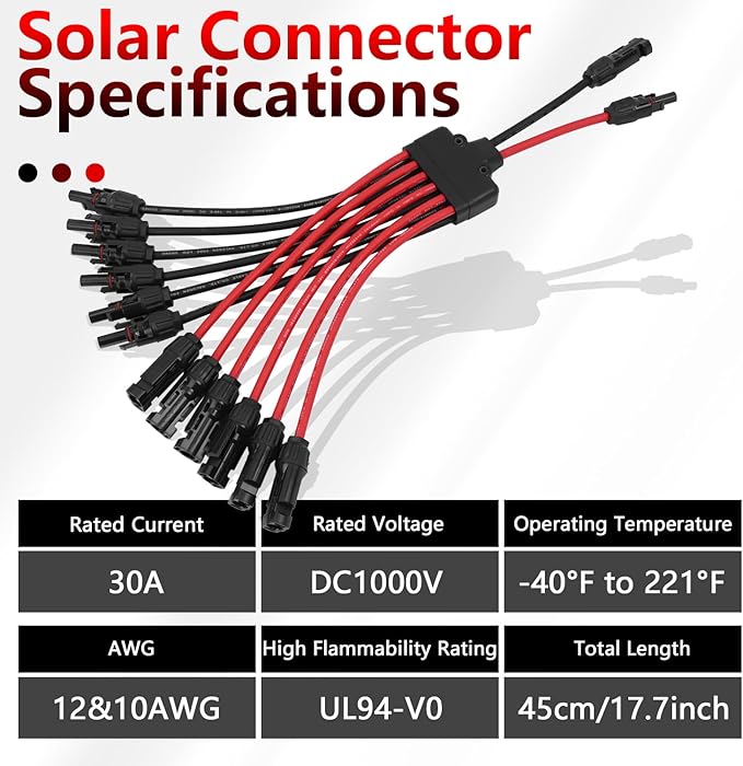Solar Parallel Connectors for 6 Solar Panels, Tool-Free Solar Panel Connectors Cable 2 to 12 Y Branch Parallel Adapter, IP68 Waterproof Wires Splitter 10AWG for Solar Cable Extension(FMMMMMM/MFFFFFF)