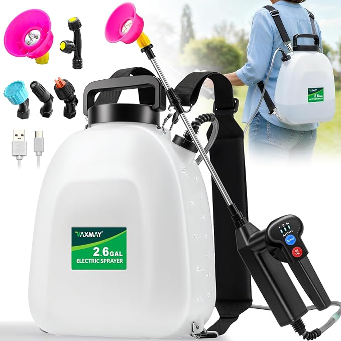VAXMAY Battery Powered Sprayer 2.6 Gallon, Backpack Sprayer with 3 Adjustable Forces, Battery Indicator, 5 Mist Nozzles, 41" Retractable Wand, USB Rechargeable Garden Sprayer for Weed Lawn Yard