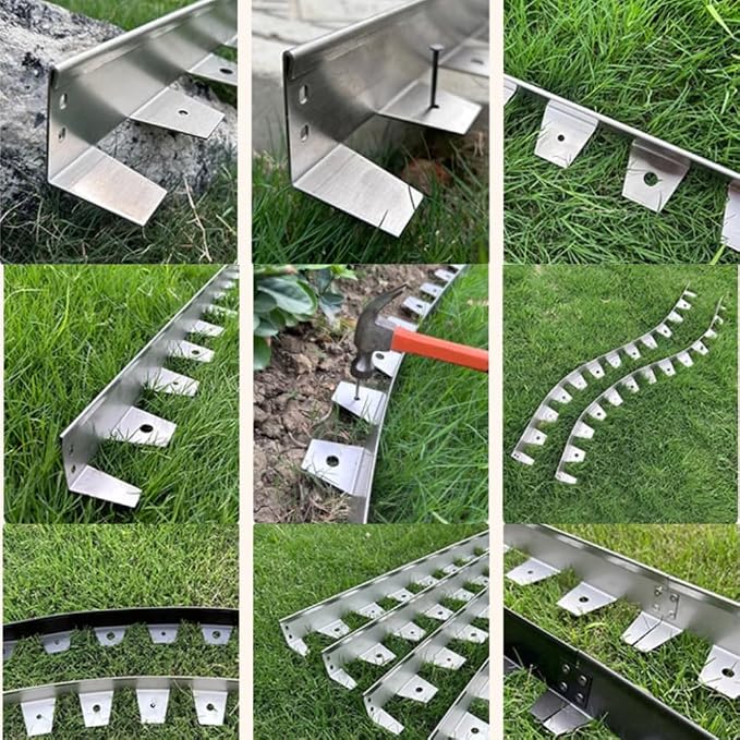 33 Ft 10 Pcs No Dig Stainless Steel Metal Lawn Edging - Flexible Garden Landscape Border with Stakes, Sliver for Lawn Flower Garden Yard