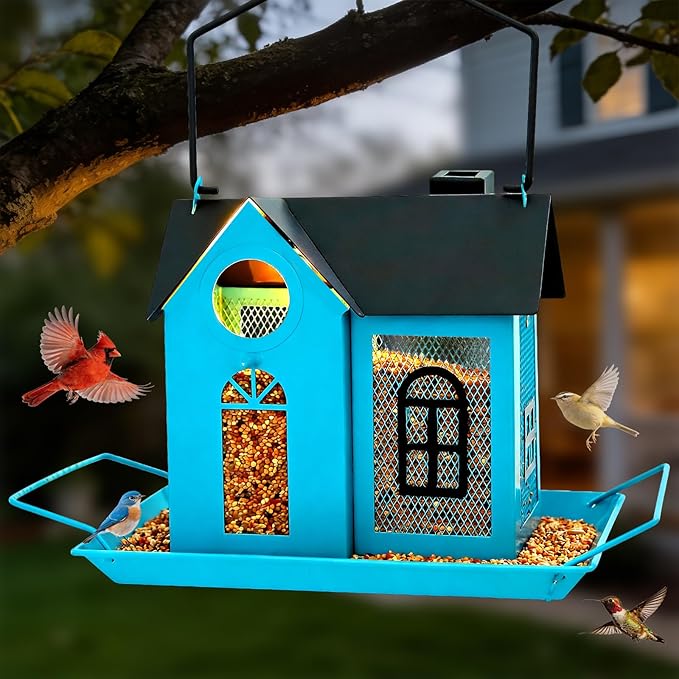 Solar Bird Feeder for Outdoors - Blue Metal Hanging Bird Feeder with Solar Light, Decorative for Wild Cardinals, Finches, Weatherproof Backyard Garden Decor Ideal Gift for Women Mom Grandma