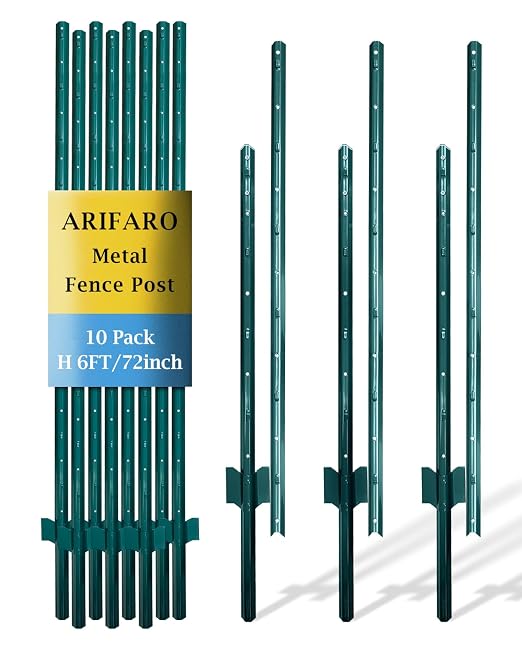 ARIFARO Metal Fence Posts 6 Feet assemblable,Pack of 10,Sturdy Duty No Digging Garden U Post for Wire Fencing Steel Poles for Yard, Outdoor