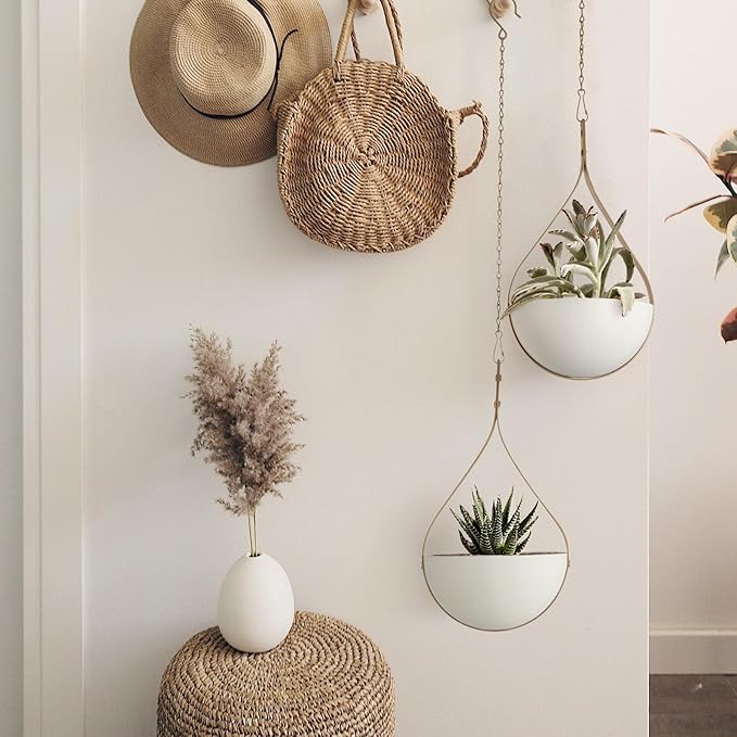 Hajia Waterdrop Shaped Hanging Planter, Metal Plant Hanger with Non-Detachable Pot, Hanging Plant Holder for Wall and Ceiling Decor.(No Plants and Drainage Holes) (Beige, Medium 1 Pack)