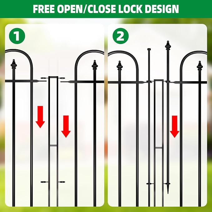 Garden Fence with Gate - 5 Panels, 32 in(H) x 12 ft(L) No Dig Animal Barrier, Arched Decorative Garden Fence Border with Ground Stakes, Rustproof Metal Fencing for Yard Patio Dog Rabbit