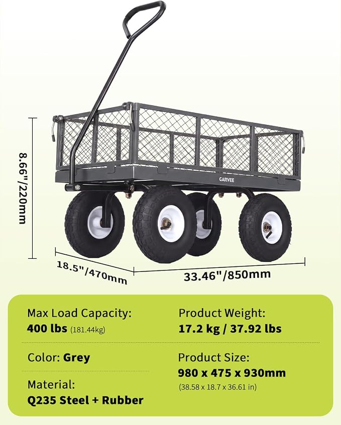 Garvee Versatile Outdoor Utility Cart - 400LBS Heavy-Duty, 10" All-Terrain Pneumatic Tires, Easy Maneuverable Lawn Cart with Removable Mesh Panels for Gardening & Landscaping, Grey