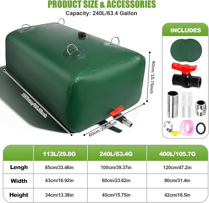 240 L/63.4 Gallon Water Storage Bladder, Foldable Portable Water Bladder Tank, Large Capacity Water Bag Container for Camping, Truck, RV, Emergency, Outdoor