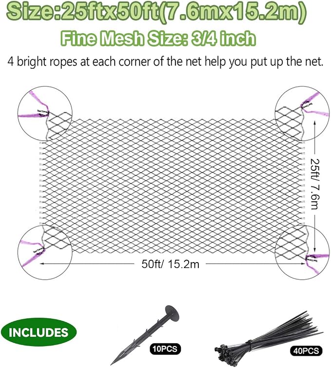 OGORI 25' x 50' Bird Netting Heavy Duty Nylon 3/4" Mesh Garden Netting Protect Fruit Trees, Plants and Vegetables