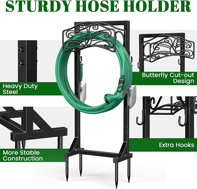 Sunvigor Freestanding Garden Hose Holder Stand, Heavy Duty Hose Reel Alternative with 2 Tool Hooks, Holds 150FT Water Hose, 4-Spike Stable Base, No-Drill Hose Storage for Outside Yard Lawn Garden