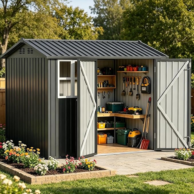 COMHOMA Outdoor Storage Shed with Window,Metal Lockable Garden Toolhouse, Ventilated Weather-Resistant Backyard Utility Workshop for Storage(Light Grey,8x6ft)