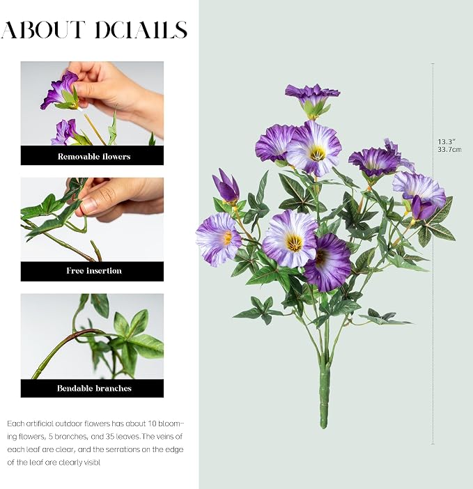 Dark Purple Artificial Morning Glory Flowers for Outdoor Planters, Premium UV Resistant Silk Faux Flowers for Porch, Hanging Basket & Window Box, Elegant Garden Decor, No Pot, 13.3 Inch, 8 Bundles