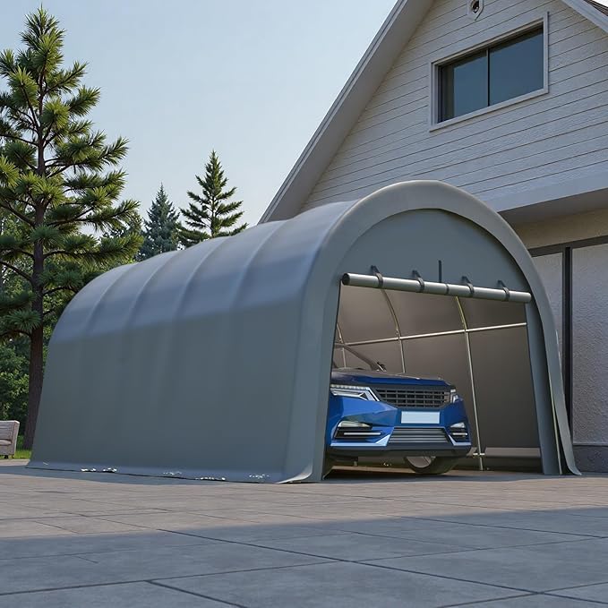 12x20 FT Anti-Snow Carport, Heavy-Duty Portable Garage with Steel Frame & Vented Roof, Removable Double-Zipper Door, Waterproof Outdoor Storage Shelter for Trucks, Boat, Easy Assembly, Grey