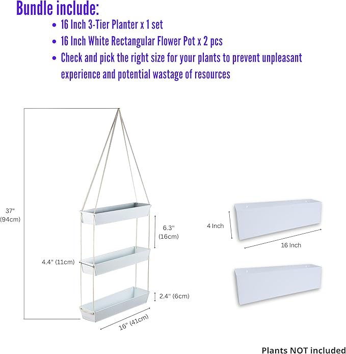 LaLaGreen Bundle- 2 Pack, 16 Inch Rectangular Metal Pot + 16 Inch Three Tier Hanging Planter Vertical Floating Large Shelf Indoor Outdoor Window Boxes Modern Boho Style Plant Holder Wall Mount Decor