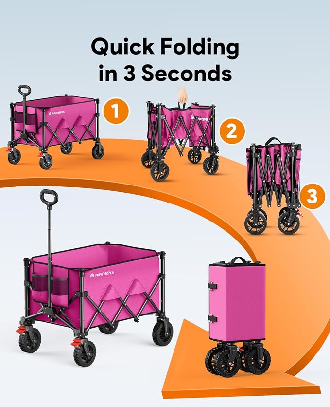 Wagons Carts Foldable, Collapsible Foldable Wagon 330lbs Capacity, Large Capacity Wagon Cart with All-Terrain Wheels,Heavy Duty Utility Wagons Cart with Brakes for Camping Shopping Sports, Pink
