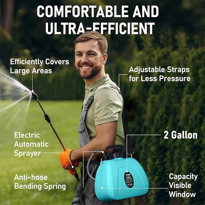 VASG 2 Gallon Battery Powered Garden Sprayer, Powerful Electric Pump Sprayer, Weed Sprayer with USB Rechargeable Handle, 5 Mist Nozzles, Retractable Wand, Adjustable Strap for Lawn, Garden, Yard