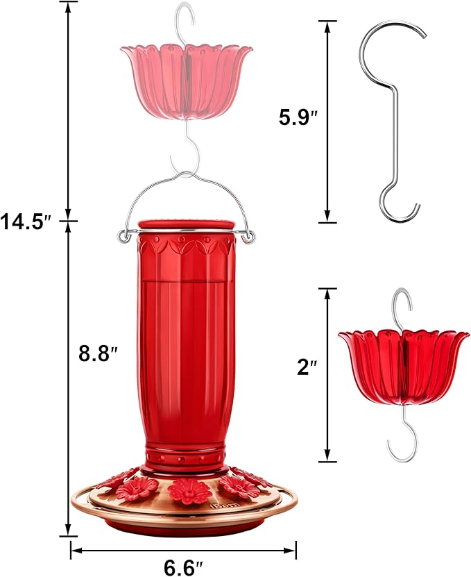 iBorn Glass Hummingbird Feeder for Outdoors Hanging,8 Ports for 16oz,Red+19.5” Oversized Birdfeeder Baffle, Squirrel Defender,Chew-Proof PC, Transparent
