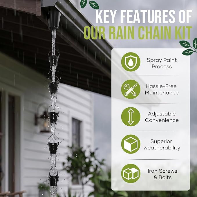 8.5FT Wrought Iron Rain Chain, Black Cup Bucket Design, 16 Cups, Gutter Adapter & Decorative Butterfly, Outdoor Garden Decor