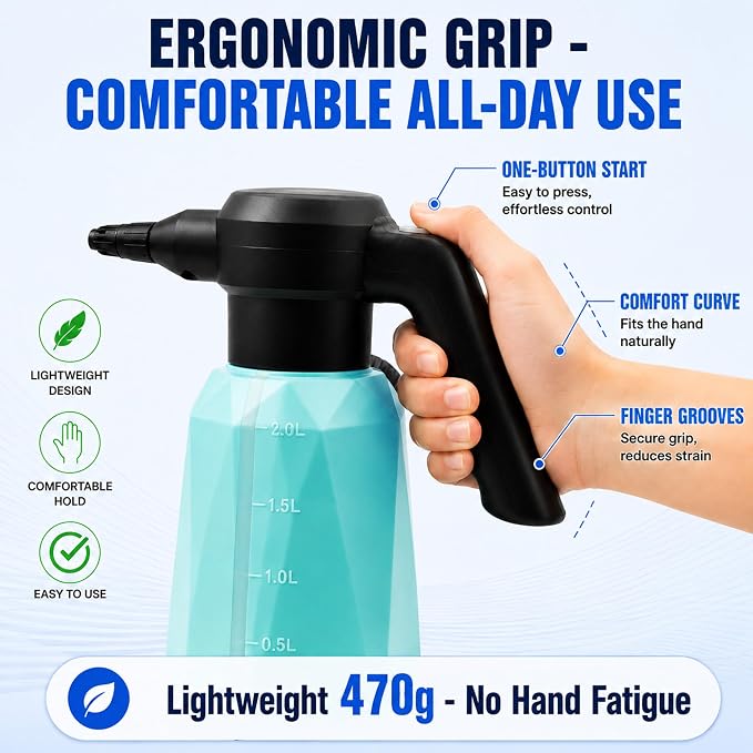 Battery Powered Sprayer, 1/2 Gallon Electric Spray Bottle with 2200mAh Battery 3H Runtime, 3 Speeds 2 Nozzles, Flexible Rubber Wand, Transparent Tank with Measuring Cup Cap, Blue