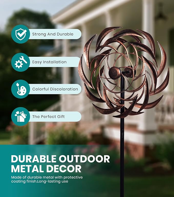 63" Copper Wind Spinner Metal Bronze Antique Clockwork Garden Yard | Antique Garden Art, Rustproof bronze sundial spinner, Whisper-quiet dual-bearing kinetic motion, Stable 5-prong stake