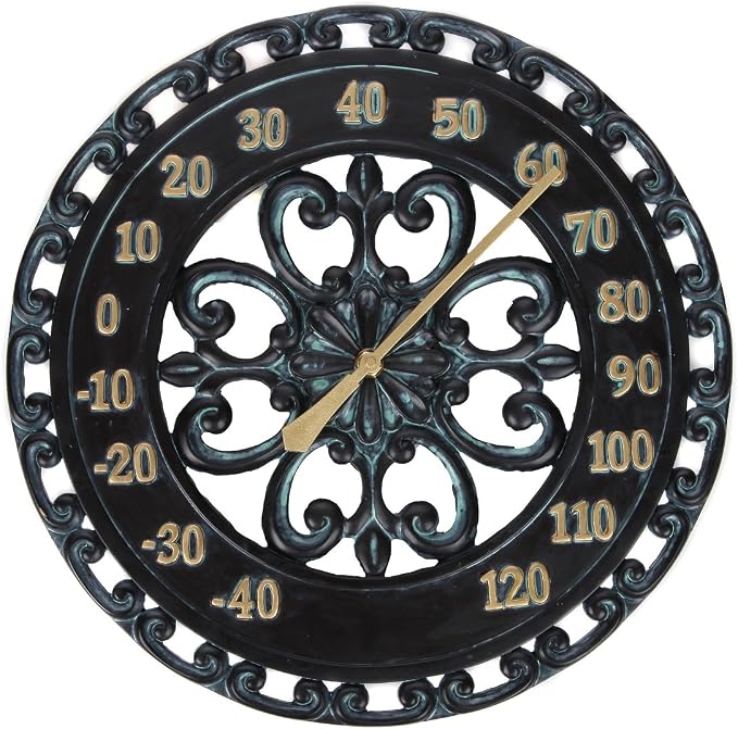 Lily's Home Hanging Verdigris Wall Dial Thermometer, Ideal for Indoor and Outdoor Use, Black (13 Inches)