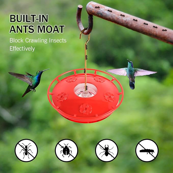 eWonLife Hummingbird Feeders for Outdoors, 16oz Leak-Proof Saucer Humming Bird Feeder with Integrated Ant Moat, Bee Proof 5 Feeding Ports, Brush, Easy Clean & Refill, Hanging Garden Yard Décor