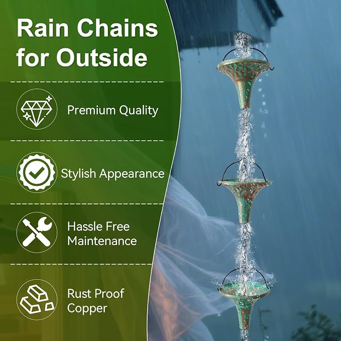 Patina Rain Chain for Gutters, 8.6 FT Decorative Water Chain with 12 Funnel Cups, Crystal Accent, Rust Resistant Outdoor Rain Chain for Garden & Porch