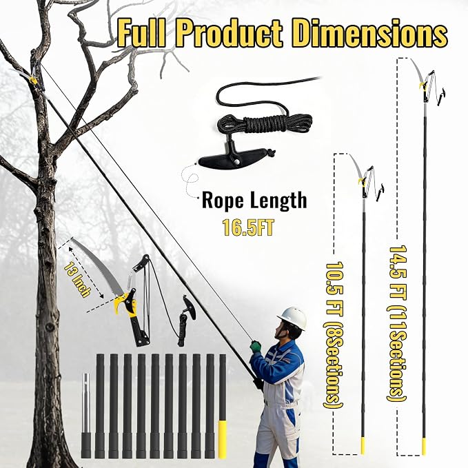 14.5FT Pole Saw for Tree Trimming, 2-In-1 Manual Tree Pruner with Saw, Extendable Long Handle Pole Tree Trimmer, High Reach Limbs Branch Cutter and Pruning Shears for Yard Garden Palm Shrubs