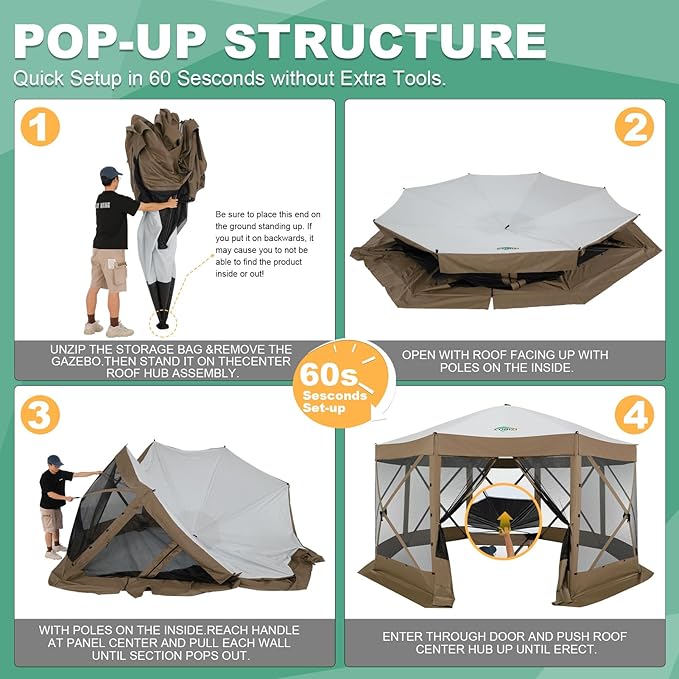 COBIZI 15x15 FT Pop Up Gazebo - Canopy Tent, Large Gazebos On Clearance with Sidewalls, Screened in Gazebo,carpas para Patio,Portable Screen Tents for 12-15 Persons Outdoor Camping, Backyard,Brown