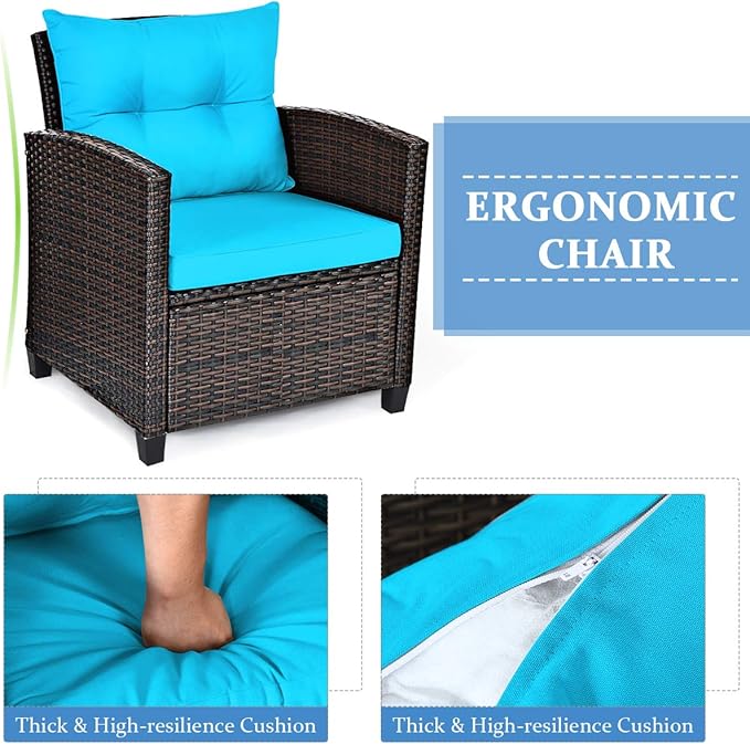 COSTWAY 3PCS Patio Furniture Set, PE Rattan Wicker Sofa w/Washable Cushion and Coffee Table, Tempered Glass Tabletop, Outdoor Conversation Set for Balcony, Porch, Yard, Backyard, Lawn, Turquoise