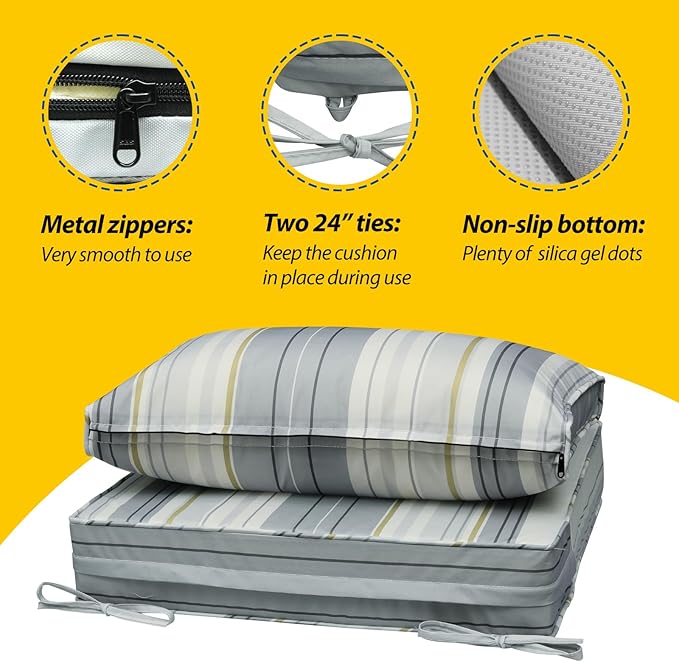 AAAAAcessories Outdoor Seat Cushions for Chairs, Fade-Resistant, Waterproof Patio Furniture Replacement Cushions, 23" x 23" x 5" + 23" x 13.5", Ash Blue Harbor Stripe