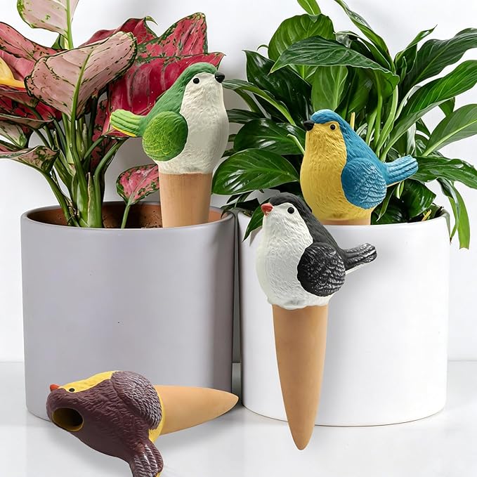 4 Pack Terracotta Plant Watering Globes, Bird-Shaped Self Watering Spikes with Slow Release, Automatic Vacation Watering Devices for Indoor & Outdoor Potted Plants