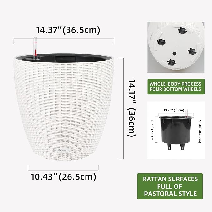 Dexceder 15x14 Self Watering Planter with Wheels (Ivory White Rattan) | Inner Pot Design, Thickened Large Floor Standing Flower Plant Pot with Water Level Indicator Indoor Outdoor