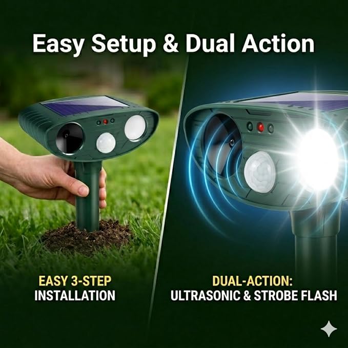 Sonic Fortress Pro Deer Repellent Devices,Sonic Deer Repeller Cat Deterrent Solar Squirrel Rabbit Racoon Repellent Outdoor Ultrasonic Animal Repeller Waterproof with Motion Sensor for Yard Garden