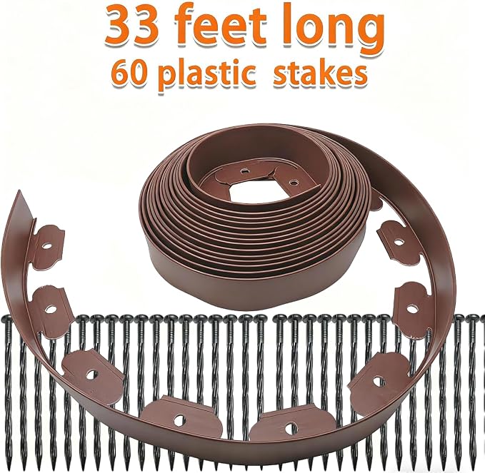 Landscape Edging 2in x 33FT Garden Edging Kit with 120 Spikes(33feet-Brown)