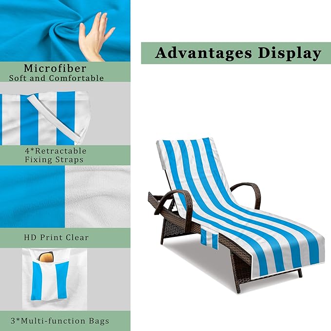 Lounge Chair Towel Cover, Beach Chair Cover (Pack of 2), Pool Lounge Chair Covers for Outdoor,Garden, Beach,Sun Lounger,Hotel Pool, 85" X 30"Large Size and No Sliding, Light Blue Stripe