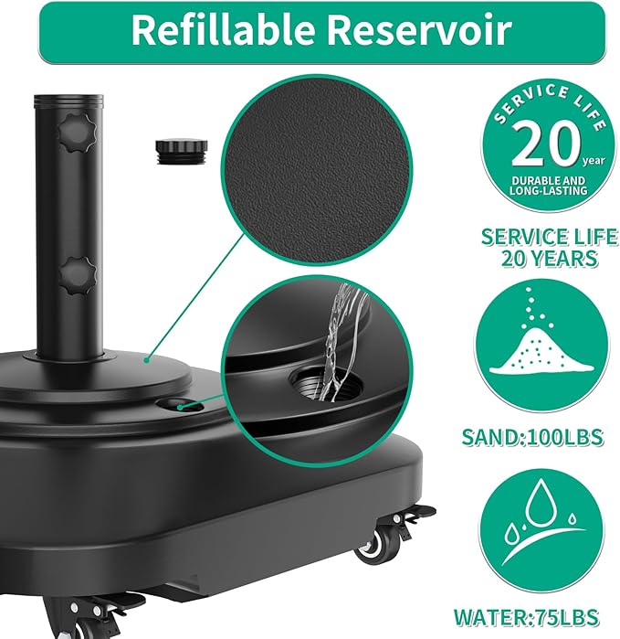 QZER Umbrella Base with 5 Wheels, Upgraded 145lb Umbrella Stand Base, Heavy Duty & Windproof, Fillable Umbrella Base Mobile Umbrella Outdoor for Patio, Deck, Poolside, Lawn, Fits Most Sized Umbrellas