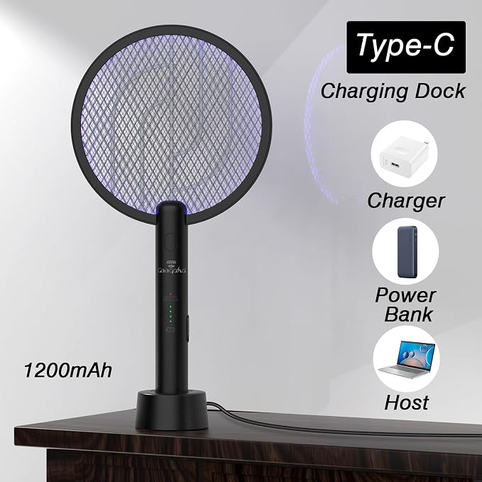 Bug Zapper Racket, 2 in 1 Mode Fly Swatter USB Rechargeable, 4000V Electric Fly Zapper with 3 Layer Safety Mesh，Electric Racket for Kitchen, Home, Garden and Outdoors
