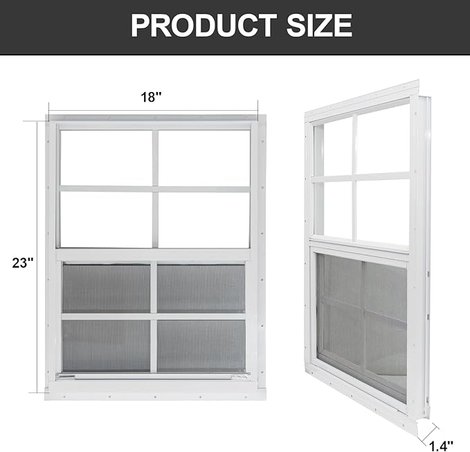 Yuzzy 18" x 23" Shed Windows with Tempered Glass and Fiberglass Screen, 2 Pack Small Sliding Windows for Shed, Chicken Coop, Playhouse, Household, Garage, Barns (White)