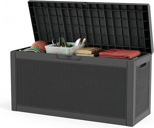 60 Gallon Deck Box, Waterproof Resin Outdoor Storage Box with Lockable Lid, Patio Storage Box Featuring Fade Resistant for Patio Furniture Cushions, Pool Accessories, Garden Tools, Black
