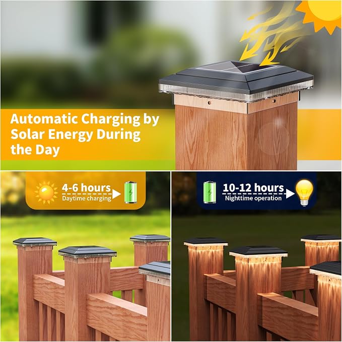 4x4 Solar Post Cap Lights Outdoor, 16 LED Fence Post Solar Lights with 3 Light Modes, Deck Post Lights Solar Powered Waterproof Fits 4x4 Posts Vinyl Wooden Posts for Deck Patio(Black, 4 Pack)