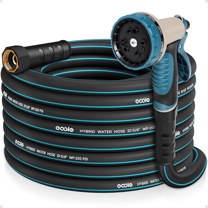 Heavy Duty Garden Hose 35 ft, NON-EXPANDABLE Water Hose with 10 Function Spray Nozzle, Lightweight Kink-less Hybrid Hose with Swivel Handle, Male to Female Fittings
