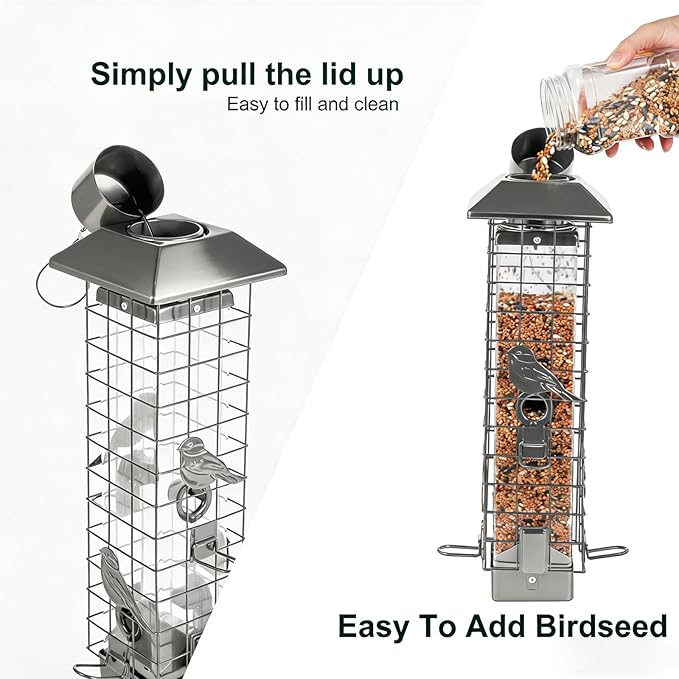 Squirrel Proof Bird Feeders for Outdoors, Metal Wild Bird Feeder for Outside Hanging, 4 Ports Perches, 3LB Large Capacity(Gray)