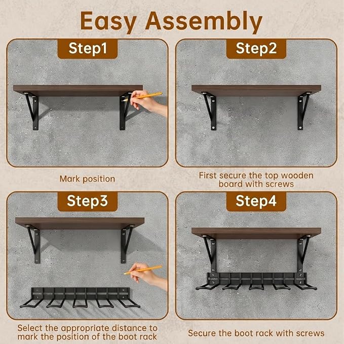 Decoroca Wall Mount Boot Rack, Garden Tool Organizer With 5 Curved Hooks & Wood Shelf, Heavy Duty Wader Boot Hangers Organizer Rack Trays for Outdoor/Indoor, Garden, Garage (2 Pack)