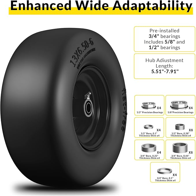RONPOW 13x6.50-6 Lawn Mower Flat Free Tires and Wheels, 13x6.5-6 Heavy Duty Solid Front Tire for Zero Turn Mowers, 500Lbs Load, Universal 3/4", 5/8" and 1/2" Bearings, 5.51"-7.91" Hub, 2Pack Black