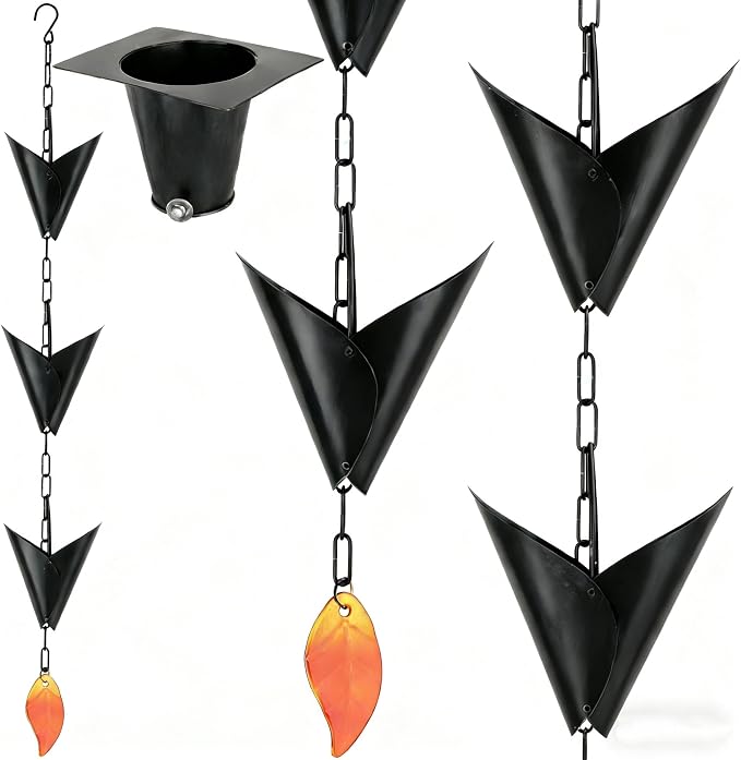 8.5FT Rain Chain for Gutters, Black Anti-Rust Iron Decorative Rain Chain for Outside, Leaf-Shaped Pieces Gutter Chain Replacement Downspout, Garden Water Catcher & Outdoor Garden Decor