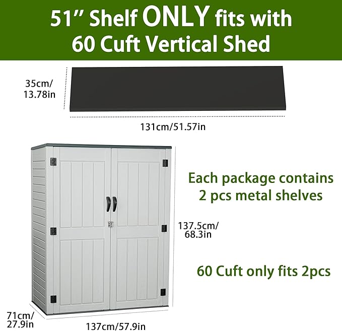 EHHLY 60 Cuft Outdoor Storage Shed Shelf, Outdoor Storage Cabinet Metal Shelves for 4.5x2.3 Ft Shed, Vertical Resin Storage Shed Accessories, Black