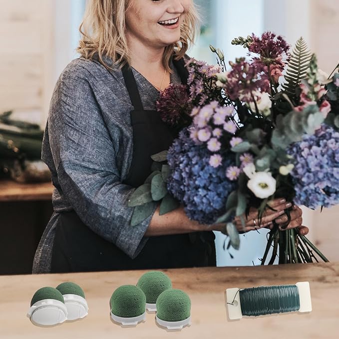 24 Pcs Mini Floral Foam Holder Floral Foam Round with 2 Rolls Green Floral Wire Floral Foam Blocks for Table Wedding Wine Bottle Hat Décor (24)