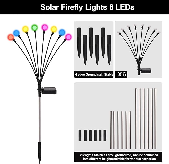 Swaying Solar Lights for Outside, 8 Mode RGB Color Changing Firefly Outdoor Waterproof, Swaying Solar Garden Lights Stakes for Christmas Holiday Yard Patio Garden Decor 6 Pack(Multicolor)