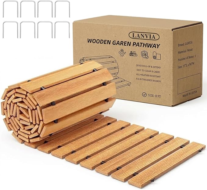 Wooden Garden Pathway Outdoor Walkway - 8 FT Roll Out Outdoor Pathway with Ground Stakes, Boardwalk Pavers for Outside Walkway, Non-Slip Garden Path for Backyard Decor, Lawn Landscaping, Natural