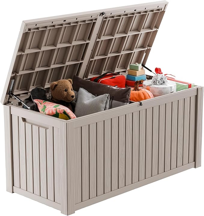 180 Gallon Outdoor Storage Box, Waterproof Resin Deck Box for Patio Cushions & Gardening Tools, Lockable & Durable Outdoor Storage Bin, Stylish Grey Design