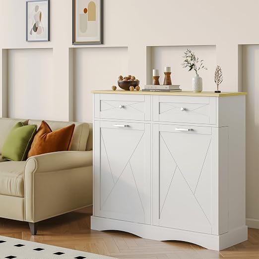 kepptory Tilt Out Trash Can Cabinet 12 Gallon, Pull Out Trash Can Storage Cabinet with 2 Drawers & Countertop, White Kitchen Cabinet with Adjustable Shelf, for Kitchen Pantry, Modern Farmhouse
